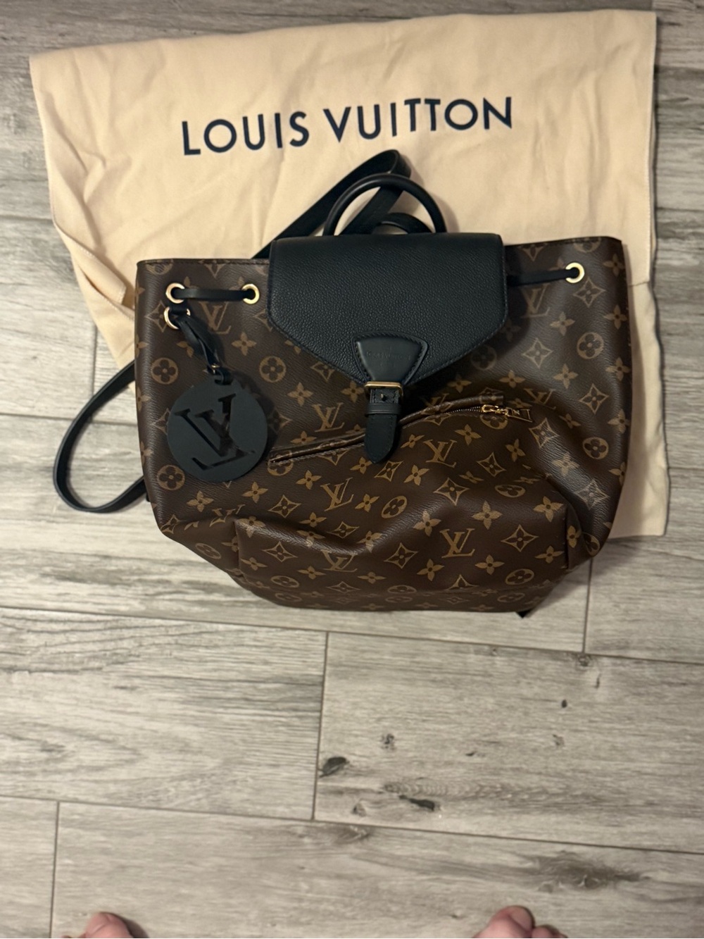 Louis Vuitton Brown Monogram Canvas Drawstring Backpack with Black Flap - Picture 3 of 6